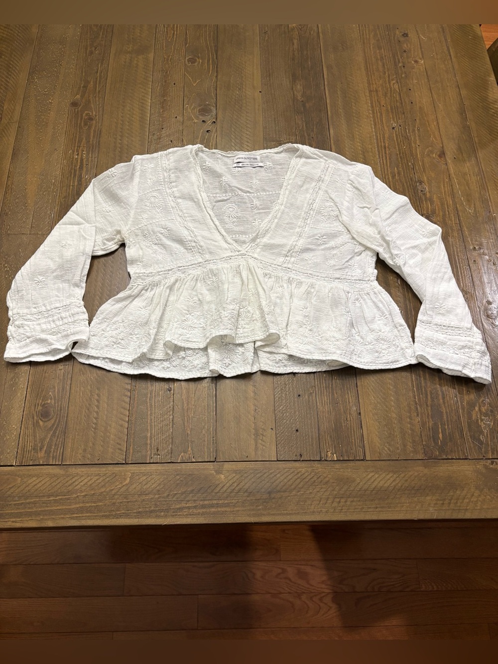 Urban Outfitters White Embroidered Peplum V-Neck Top